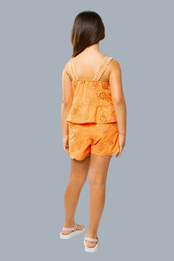 Conjunto Infantil com detalhe Bordado em Laise Laranja 