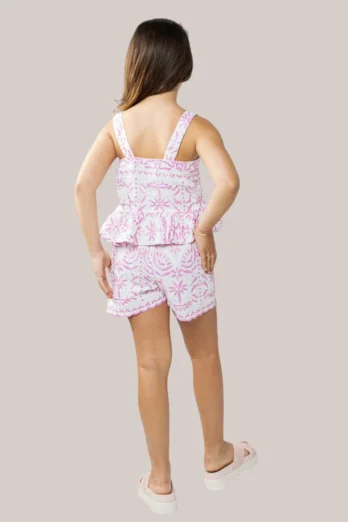 Conjunto Infantil com Tecido  Bordado Branco e Rosa 