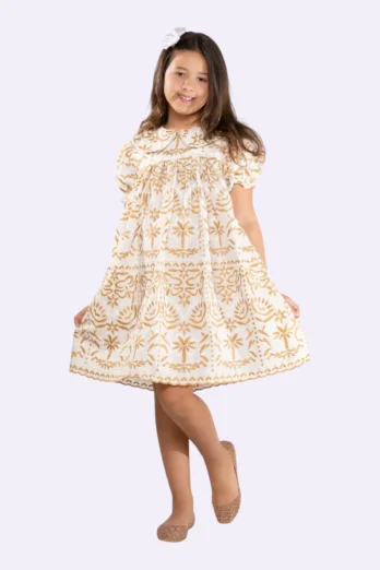 Vestido Infantil Bordado Dourado com Gola Rendado