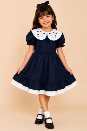 Vestido Infantil Margarida Azul com Gola Bordada à Mão