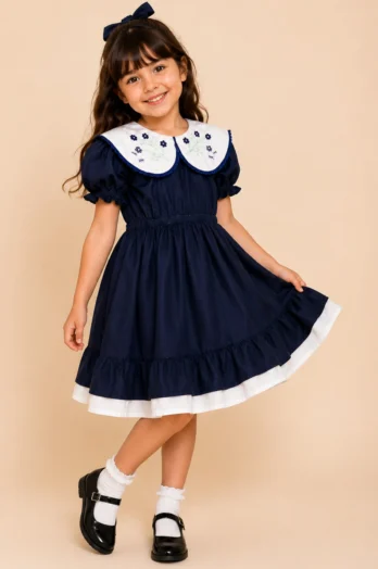 Vestido Infantil Margarida Azul com Gola Bordada à Mão