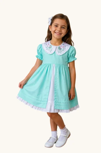 Vestido Infantil Margarida com Babado Duplo Bordado à Mão