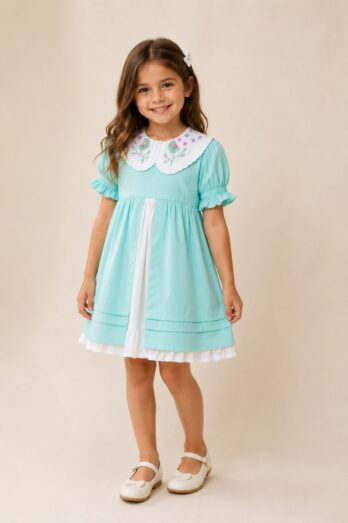 Vestido Infantil Margarida com Babado Duplo Bordado à Mão