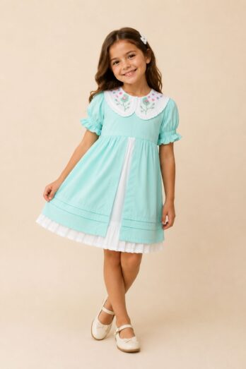 Vestido Infantil Margarida com Babado Duplo Bordado à Mão