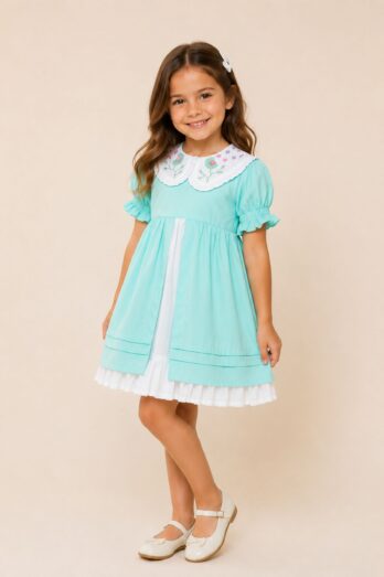Vestido Infantil Margarida com Babado Duplo Bordado à Mão