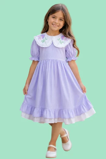 Vestido Infantil Margarida com Gola Bordada à Mão