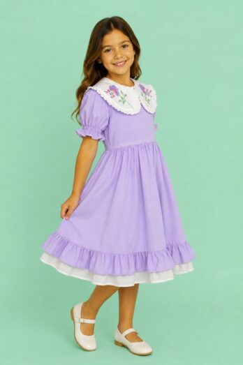 Vestido Infantil Margarida com Gola Bordada à Mão