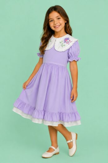 Vestido Infantil Margarida com Gola Bordada à Mão