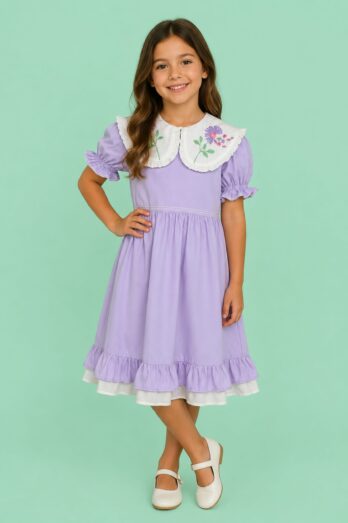 Vestido Infantil Margarida com Gola Bordada à Mão