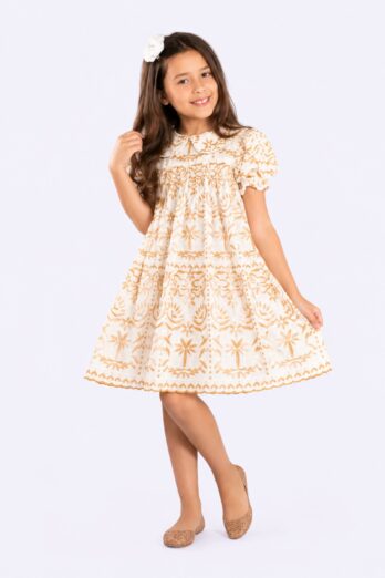 Vestido Infantil Bordado Dourado com Gola Rendado