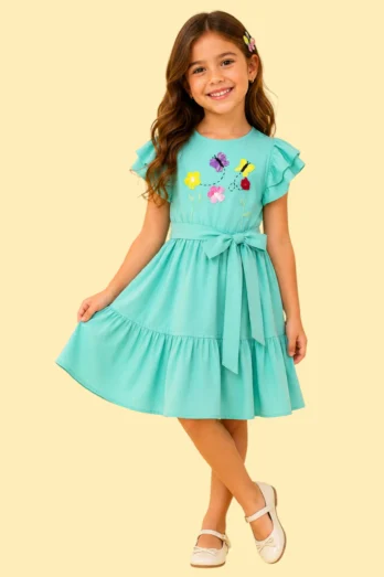 Vestido Infantil Verde Babados Encanto Floral Bordado à Mão