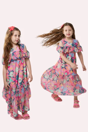 Vestido Infantil Longo com Babados em Seda